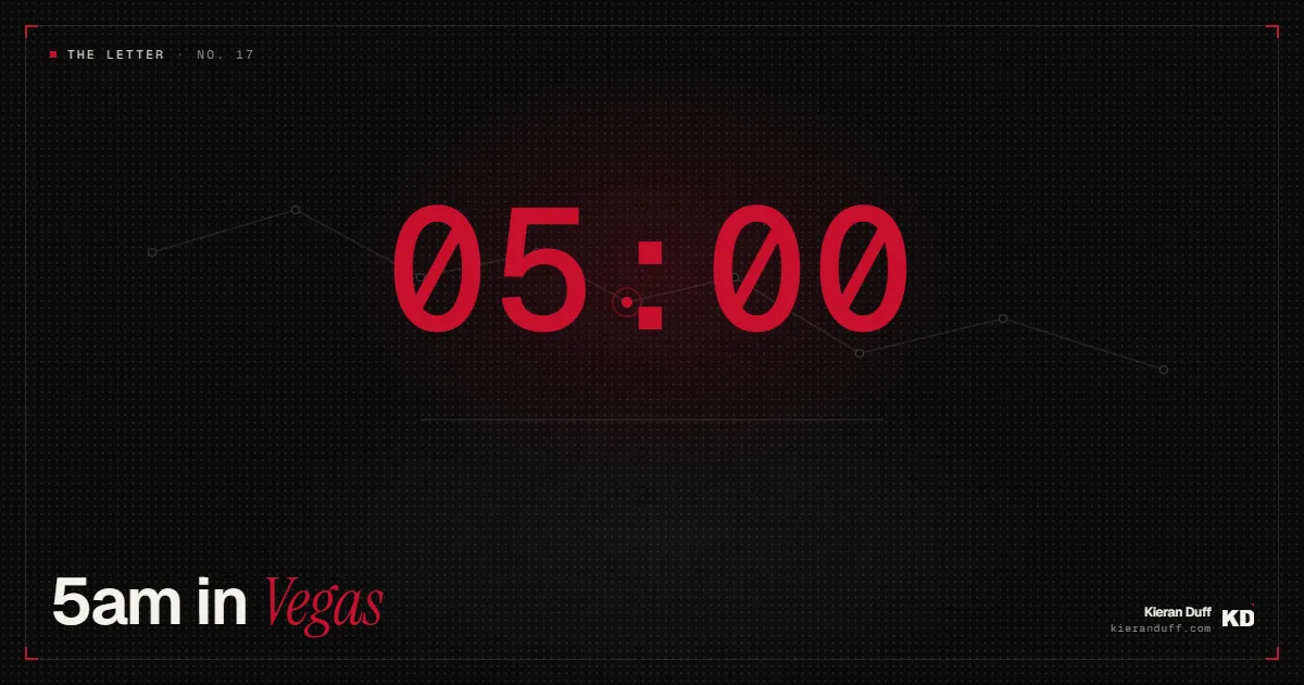 A 05:00 alarm clock face in red against a dark equity-curve backdrop, titled 5am in Vegas: the hour the blog needed while the trading needed nothing